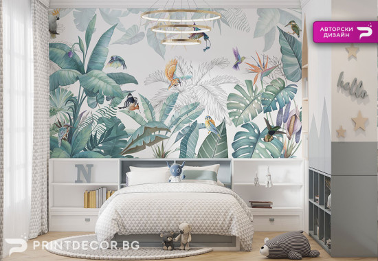 Тропически фототапет с птици и зеленина | Детски тапети от PRINTDECOR